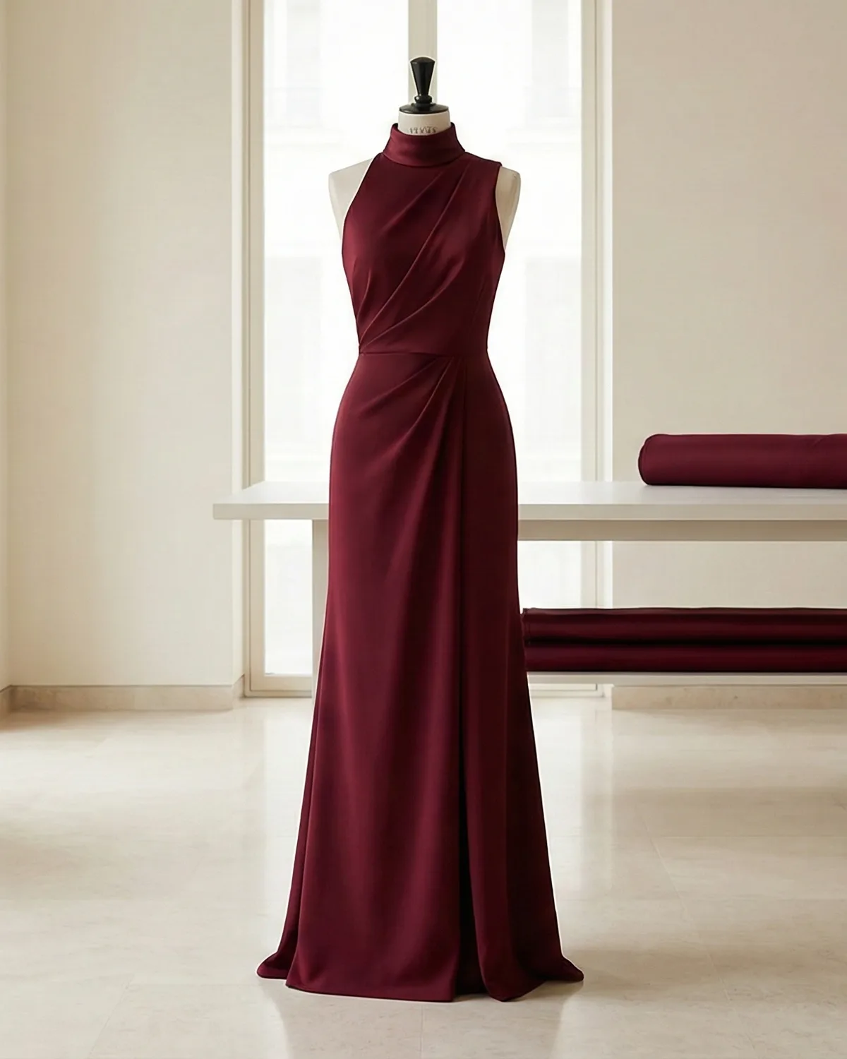 Bordeauxrotes Abendkleid auf einer Schneiderpuppe im Atelier von ATİQ COUTURE