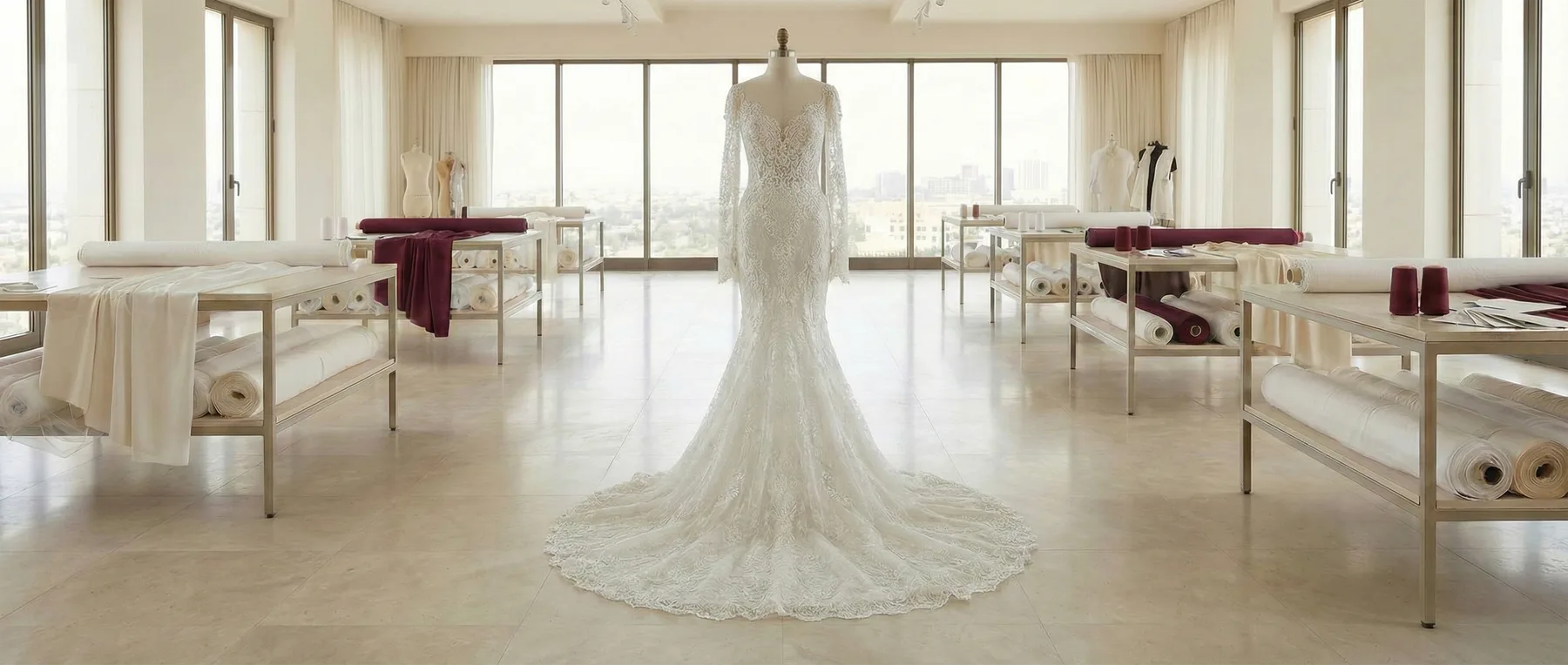 Brautkleid aus Spitze im lichtdurchfluteten Atelier von ATİQ COUTURE