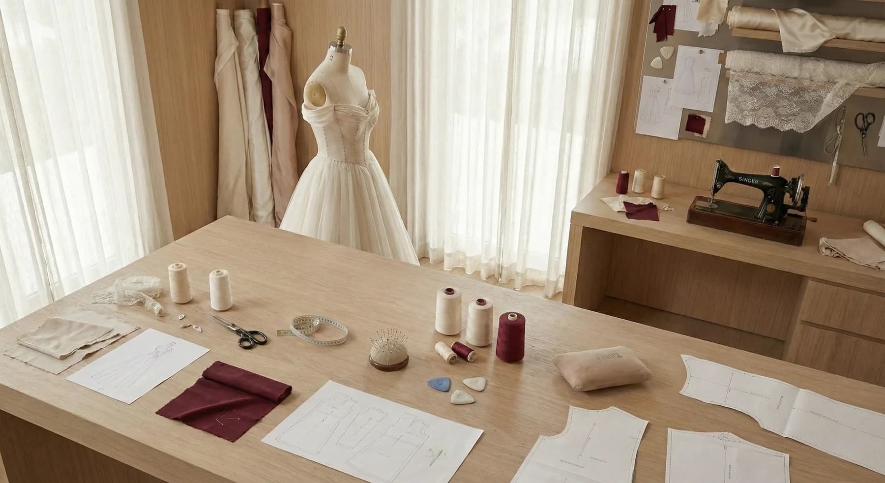 Brautkleid auf einer Schneiderpuppe im Atelier